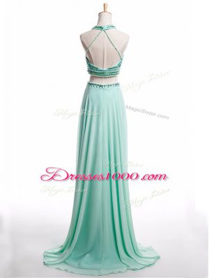 Spectacular Apple Green Sleeveless Brush Train Beading Prom Gown