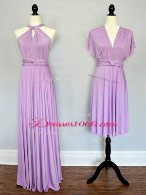Adorable Lilac Empire Halter Top Sleeveless Chiffon Floor Length Lace Up Ruching Wedding Guest Dresses