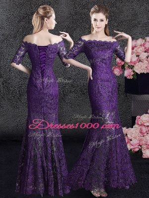 Wonderful Mermaid Eggplant Purple Lace Lace Up Off The Shoulder Half Sleeves Floor Length Mother of Bride Dresses Lace