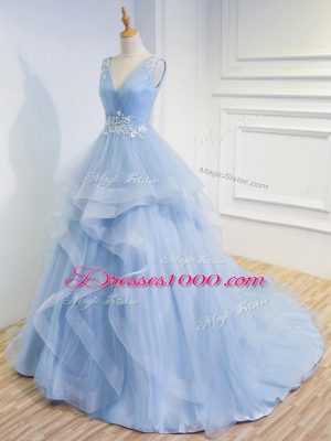 Light Blue A-line V-neck Sleeveless Tulle Floor Length Brush Train Lace Up Beading and Ruffles