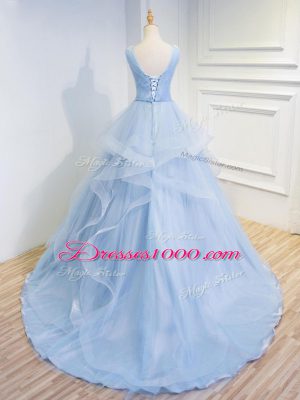 Light Blue A-line V-neck Sleeveless Tulle Floor Length Brush Train Lace Up Beading and Ruffles