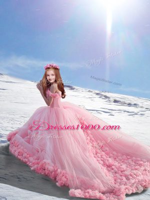 On Sale Sleeveless Court Train Hand Made Flower Lace Up Little Girl Pageant Dress