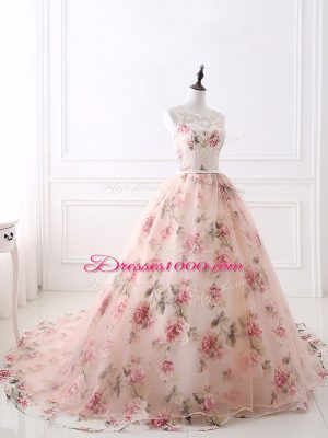 Pink Sleeveless Brush Train Lace and Appliques and Belt Prom Evening Gown