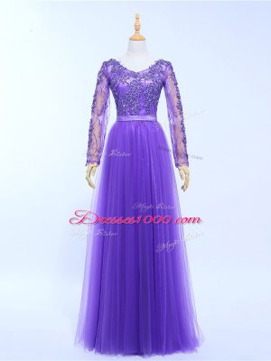 Custom Design Lavender Formal Evening Gowns Prom and Military Ball and Sweet 16 with Lace and Appliques V-neck Long Sleeves Lace Up