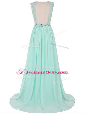 Glorious Sleeveless Chiffon Brush Train Backless Prom Party Dress in Apple Green with Beading and Lace and Appliques