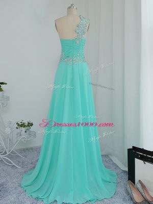 Floor Length Zipper Evening Dress Turquoise and In with Beading and Appliques