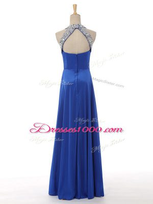 Unique Royal Blue Evening Dress Prom and Military Ball with Beading and Ruching Halter Top Sleeveless Zipper