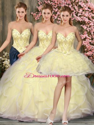 High Quality Light Yellow Three Pieces Beading and Ruffles 15th Birthday Dress Lace Up Tulle Sleeveless Floor Length