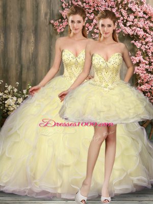 High Quality Light Yellow Three Pieces Beading and Ruffles 15th Birthday Dress Lace Up Tulle Sleeveless Floor Length