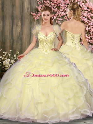 High Quality Light Yellow Three Pieces Beading and Ruffles 15th Birthday Dress Lace Up Tulle Sleeveless Floor Length