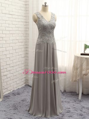 Best V-neck Sleeveless Mother of the Bride Dress Floor Length Lace and Appliques Grey Chiffon