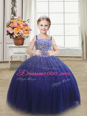 Discount Floor Length Lace Up Little Girl Pageant Gowns Royal Blue for Wedding Party with Beading