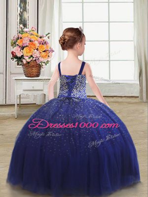 Discount Floor Length Lace Up Little Girl Pageant Gowns Royal Blue for Wedding Party with Beading