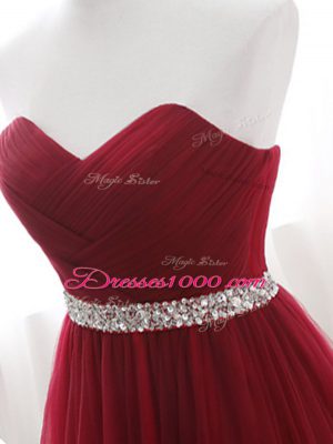 Attractive A-line Sleeveless Wine Red Brush Train Lace Up