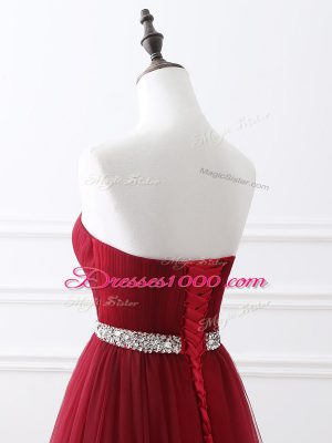 Attractive A-line Sleeveless Wine Red Brush Train Lace Up
