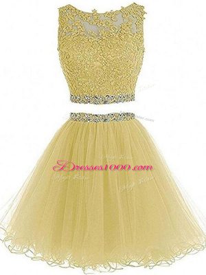 Affordable Sweetheart Sleeveless Mini Length Beading and Lace and Appliques Yellow Tulle