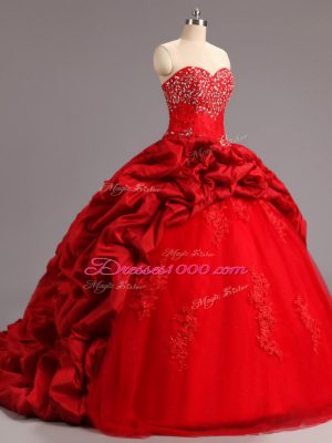 Simple Lace Up Quinceanera Gowns Red for Military Ball and Sweet 16 and Quinceanera with Beading and Appliques and Pick Ups Court Train