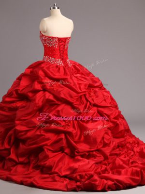 Simple Lace Up Quinceanera Gowns Red for Military Ball and Sweet 16 and Quinceanera with Beading and Appliques and Pick Ups Court Train