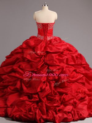 Simple Lace Up Quinceanera Gowns Red for Military Ball and Sweet 16 and Quinceanera with Beading and Appliques and Pick Ups Court Train