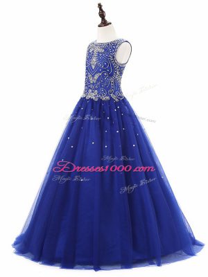 Scoop Sleeveless Kids Formal Wear Floor Length Beading Royal Blue Tulle