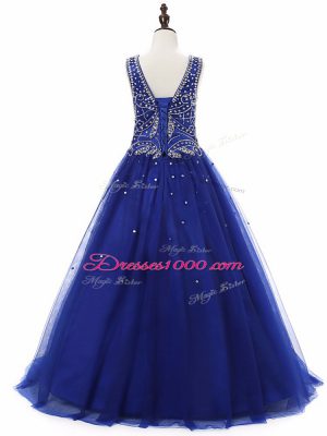Scoop Sleeveless Kids Formal Wear Floor Length Beading Royal Blue Tulle