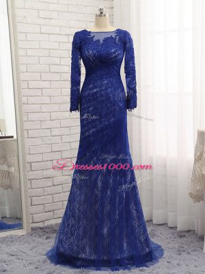 Traditional Blue Mother of Groom Dress Prom and Military Ball and Sweet 16 with Lace Bateau Long Sleeves Brush Train Zipper