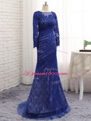 Traditional Blue Mother of Groom Dress Prom and Military Ball and Sweet 16 with Lace Bateau Long Sleeves Brush Train Zipper