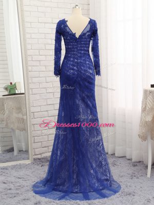 Traditional Blue Mother of Groom Dress Prom and Military Ball and Sweet 16 with Lace Bateau Long Sleeves Brush Train Zipper