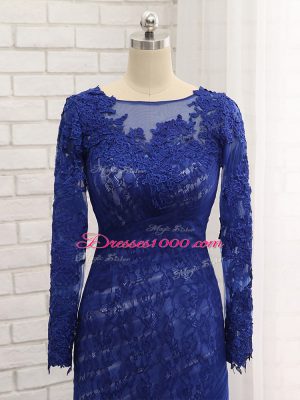 Traditional Blue Mother of Groom Dress Prom and Military Ball and Sweet 16 with Lace Bateau Long Sleeves Brush Train Zipper