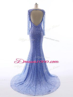 Dynamic Blue Evening Gowns Tulle Brush Train Long Sleeves Sequins