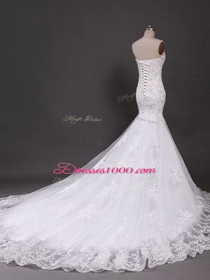 Charming White Mermaid Sweetheart Sleeveless Tulle Court Train Lace Up Lace Bridal Gown