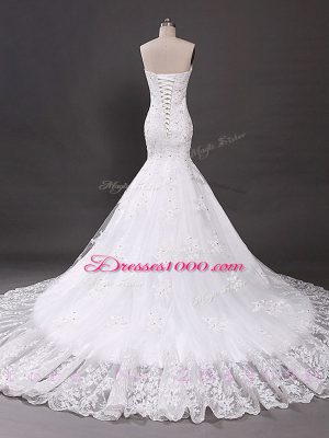 Charming White Mermaid Sweetheart Sleeveless Tulle Court Train Lace Up Lace Bridal Gown