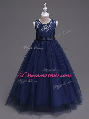 Navy Blue A-line Scoop Sleeveless Tulle Floor Length Zipper Lace Little Girl Pageant Gowns
