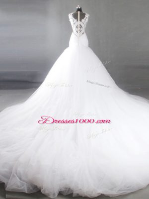 Lace Wedding Gown White Zipper Sleeveless Chapel Train