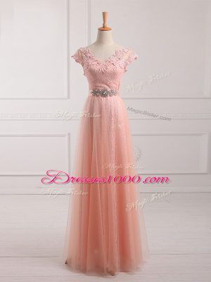 Modern Peach V-neck Lace Up Beading and Lace and Appliques Mother of Bride Dresses Short Sleeves