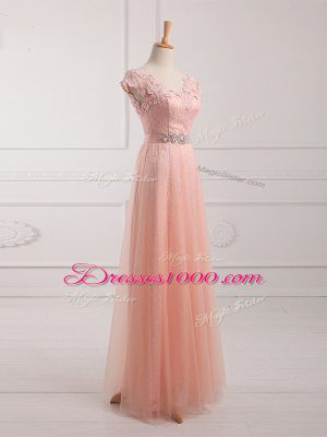 Modern Peach V-neck Lace Up Beading and Lace and Appliques Mother of Bride Dresses Short Sleeves