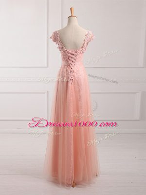 Modern Peach V-neck Lace Up Beading and Lace and Appliques Mother of Bride Dresses Short Sleeves