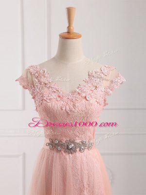 Modern Peach V-neck Lace Up Beading and Lace and Appliques Mother of Bride Dresses Short Sleeves