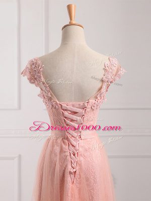 Modern Peach V-neck Lace Up Beading and Lace and Appliques Mother of Bride Dresses Short Sleeves