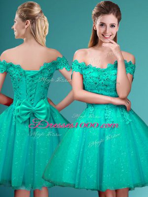 Adorable Knee Length Lace Up Bridesmaid Dresses Turquoise for Prom and Party with Lace and Belt
