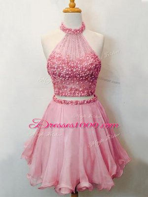 New Arrival Knee Length Pink Bridesmaid Gown Organza Sleeveless Beading