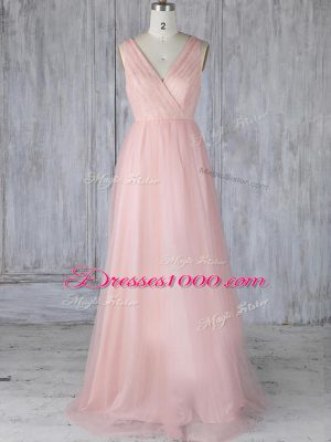 Latest V-neck Sleeveless Zipper Wedding Party Dress Baby Pink Tulle