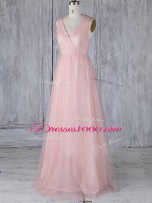 Latest V-neck Sleeveless Zipper Wedding Party Dress Baby Pink Tulle