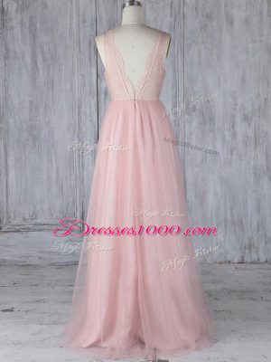 Latest V-neck Sleeveless Zipper Wedding Party Dress Baby Pink Tulle