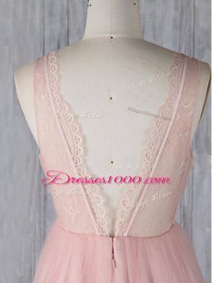 Latest V-neck Sleeveless Zipper Wedding Party Dress Baby Pink Tulle