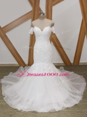 White Wedding Gowns Wedding Party with Beading Off The Shoulder Short Sleeves Court Train Backless