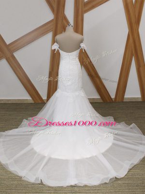 White Wedding Gowns Wedding Party with Beading Off The Shoulder Short Sleeves Court Train Backless