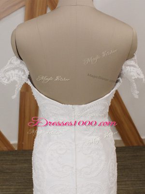 White Wedding Gowns Wedding Party with Beading Off The Shoulder Short Sleeves Court Train Backless