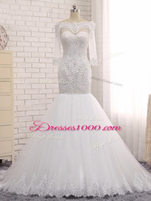 Floor Length Zipper Wedding Gown White for Wedding Party with Beading and Lace