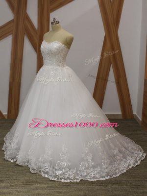 Flirting White Organza Lace Up Wedding Dresses Sleeveless Brush Train Lace and Appliques